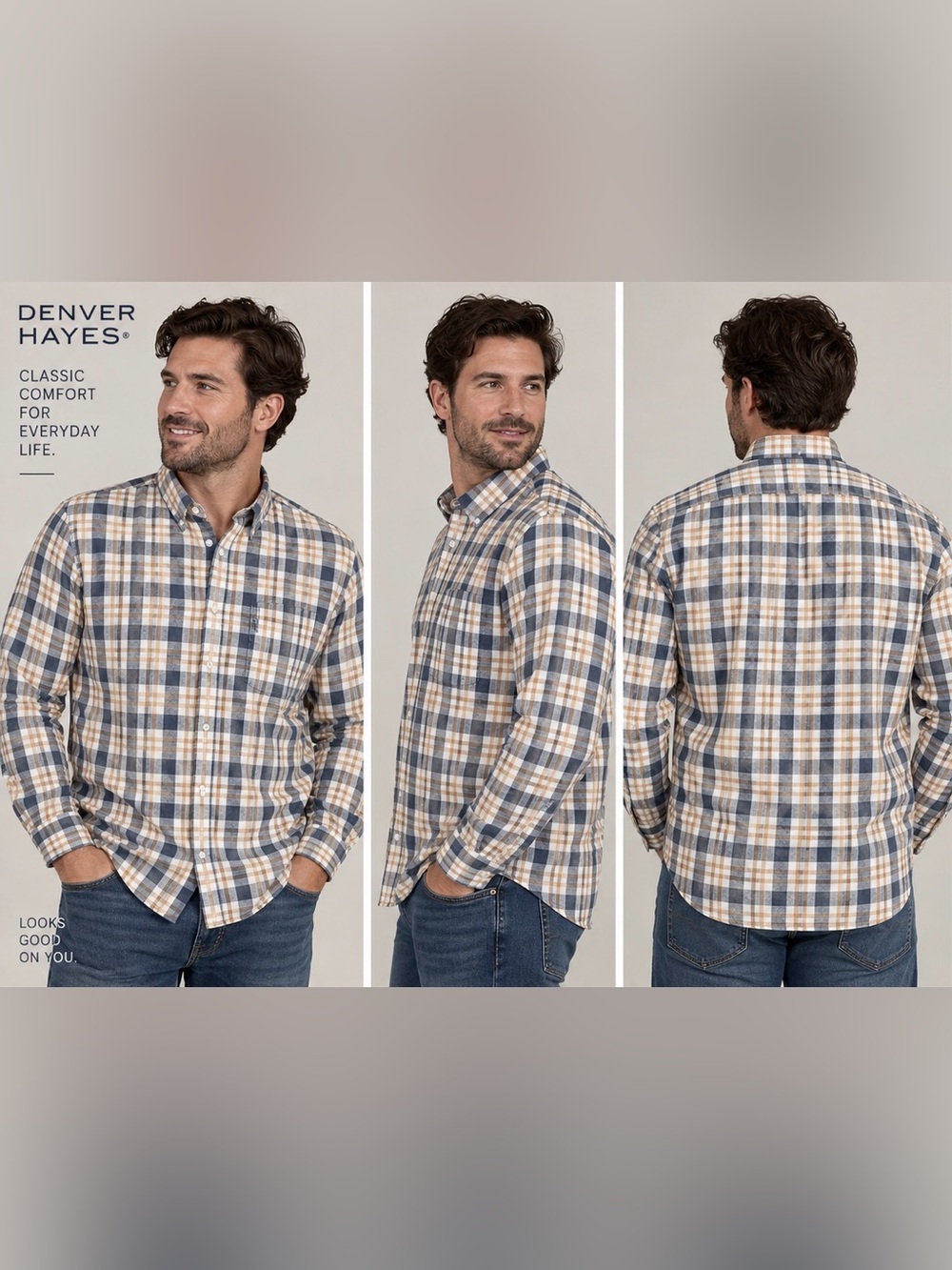 Denver Hayes Men’s 2XLT Plaid Button Down Shirt Blue Tan White